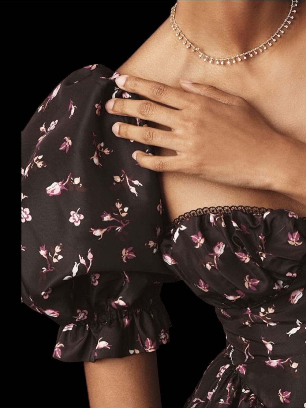 Anthropologie x Maeve Black Floral Puff-Sleeve Mini Dress - Picture 2 of 4
